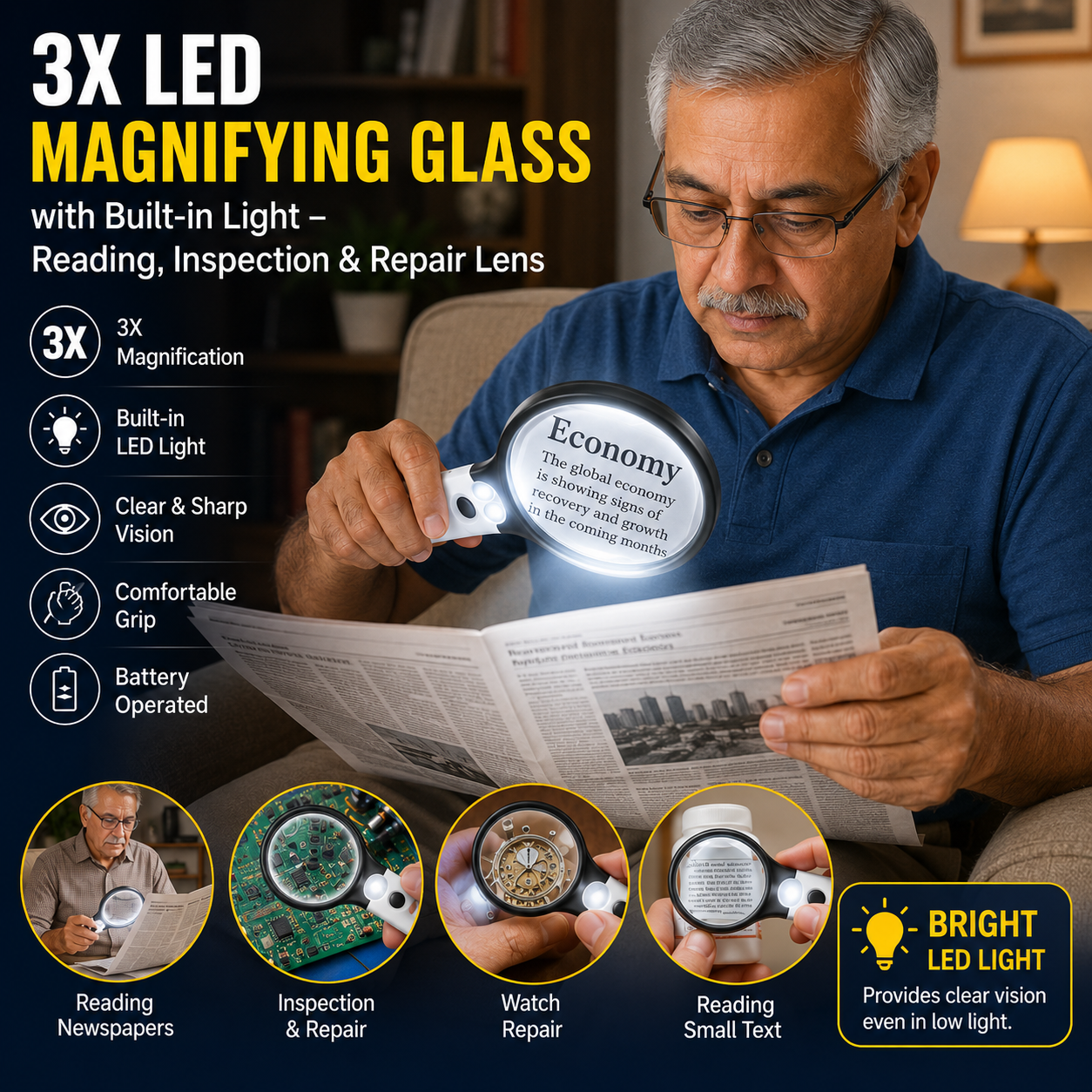 (FREE HOME DELIVERY) 3X LED Magnifying Glass with Built-in Light – Reading, Inspection & Repair Lens 🔍