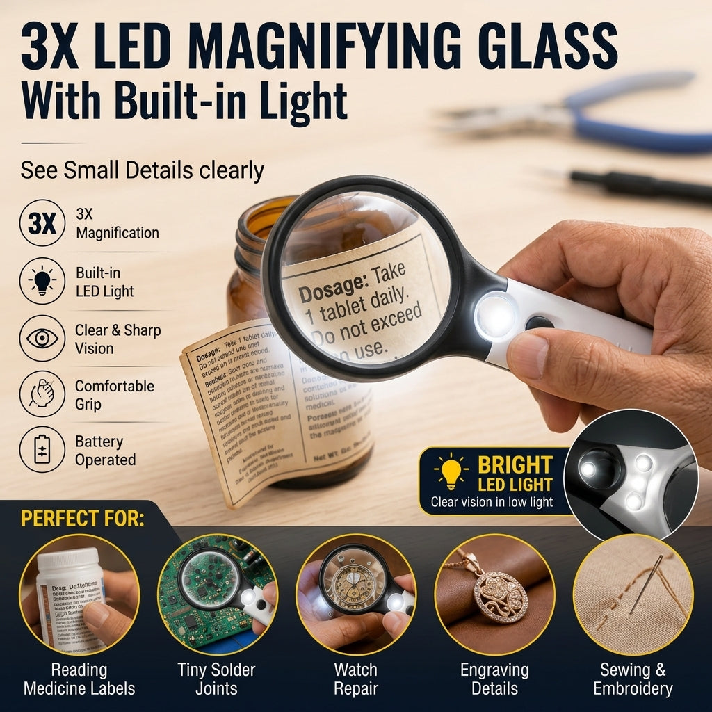 (FREE HOME DELIVERY) 3X LED Magnifying Glass with Built-in Light – Reading, Inspection & Repair Lens 🔍