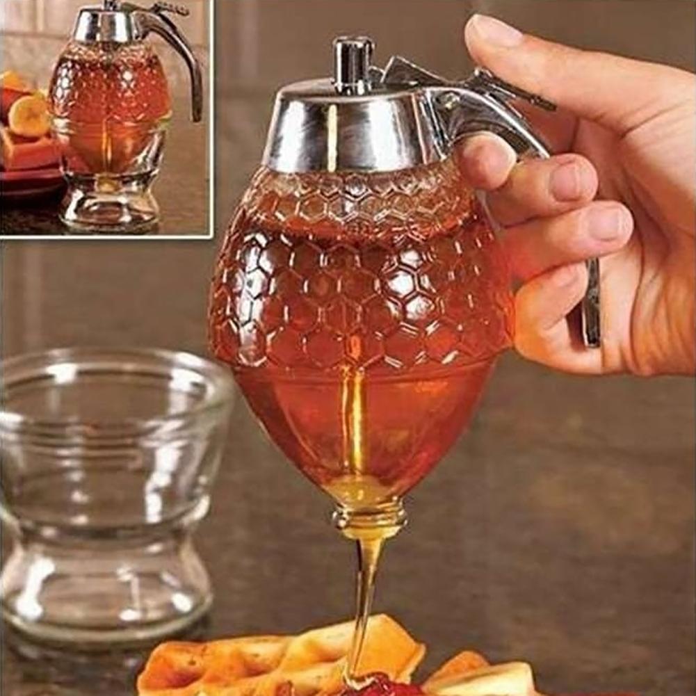 Crystal Glass Honey Dispenser Transparent Honey Storage Bottle Container with Holder